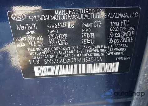 2021 Hyundai Santa Fe Sel из США, поврежденный, VIN 5NMS6DAJ8MH345305